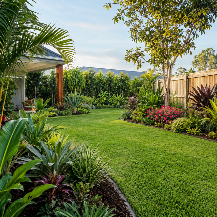 A landscaped backyard with a screening hedge along a timber fence, cordylines, palms and flowering shrubs around a lawn