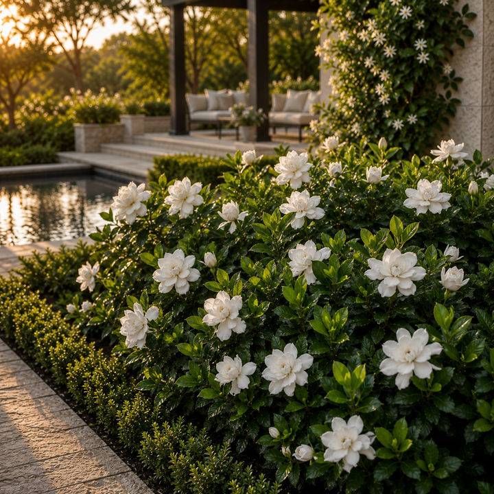 Aimee Yoshiba Fragrant Gardenia - Gardenia augusta 'Aimee Yoshiba' in an Australian garden setting