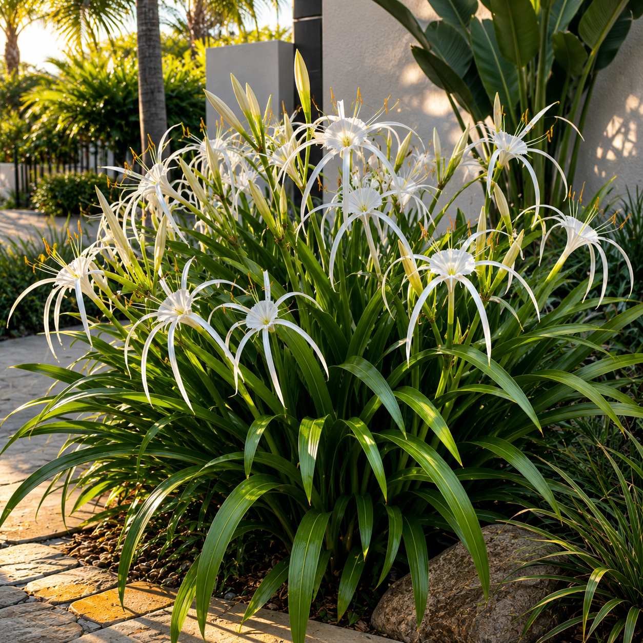 Beach Spider Lily - Hymenocallis littoralis in an Australian garden setting