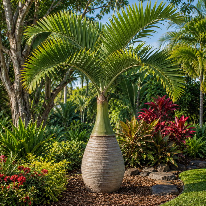 Bottle Palm - Hyophorbe lagenicaulis in an Australian garden setting