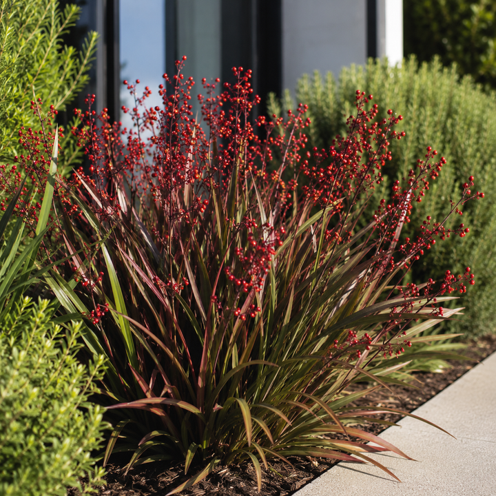 Cherry Red Dianella - Dianella tasmanica 'Cherry Red' in an Australian garden setting
