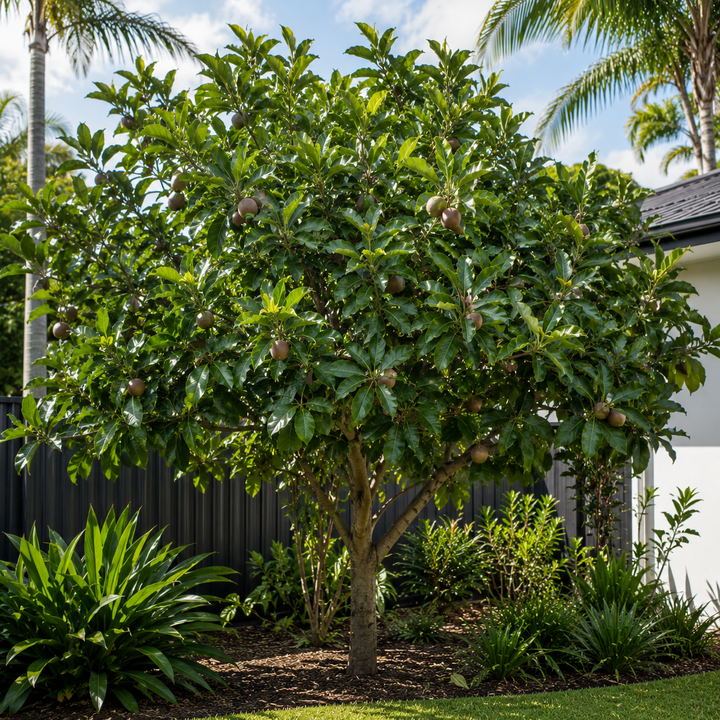 Chocolate Persimmon Tree - Black Sapote Tahiti Diospyros nigra in an Australian garden setting