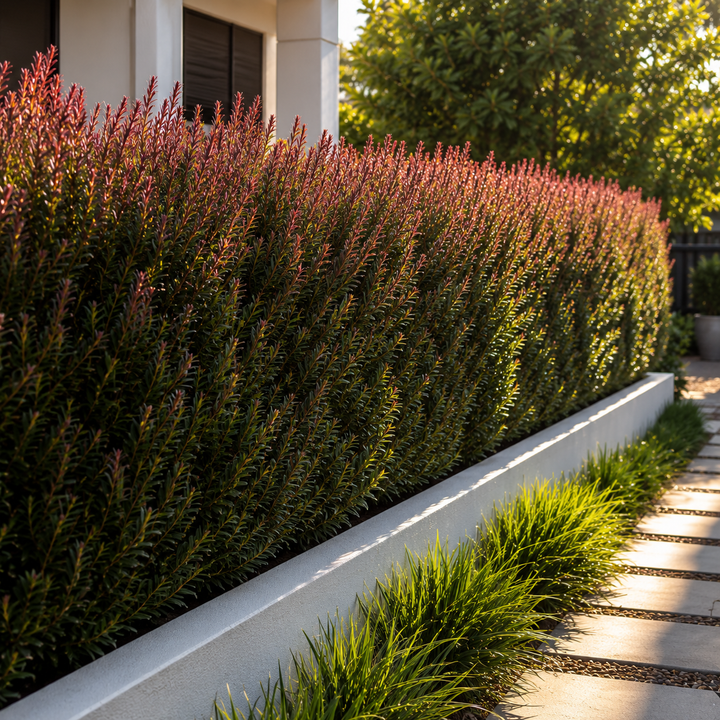 Claret Tops Melaleuca - Melaleuca linariifolia 'Claret Tops' in an Australian garden setting