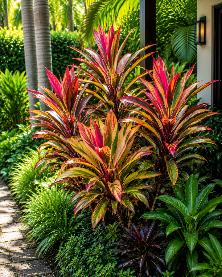 Cordyline fruticosa Hilo Rainbow - Cordyline fruticosa 'Hilo Rainbow' in an Australian garden setting