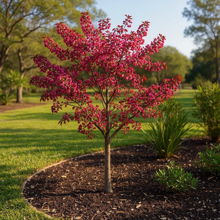 Crab Apple ‘Crimson Knight’ plant showing bright pink spring flowers