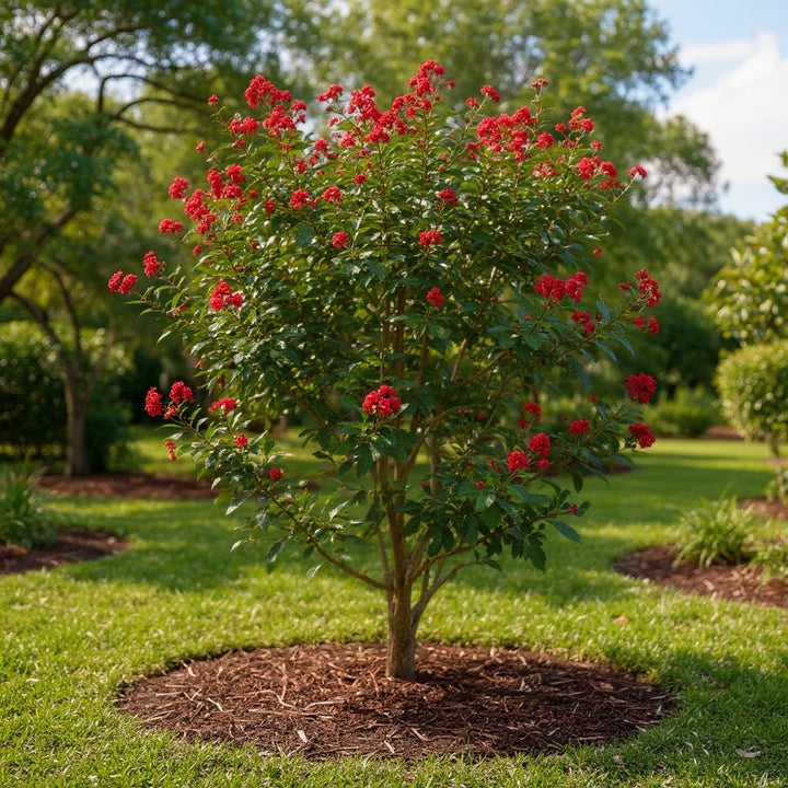 Crepe Myrtle plant showing vivid red ruffled flowers