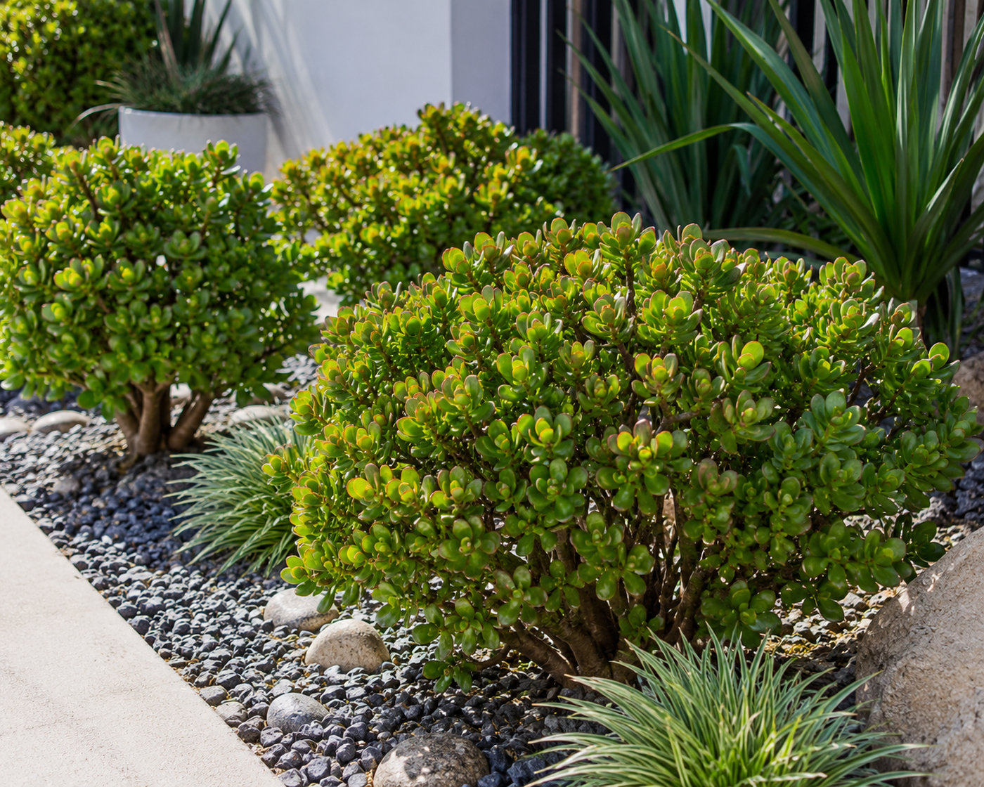 Dwarf Jade Plant - Crassula ovata 'Compacta' / Portulacaria afra in an Australian garden setting