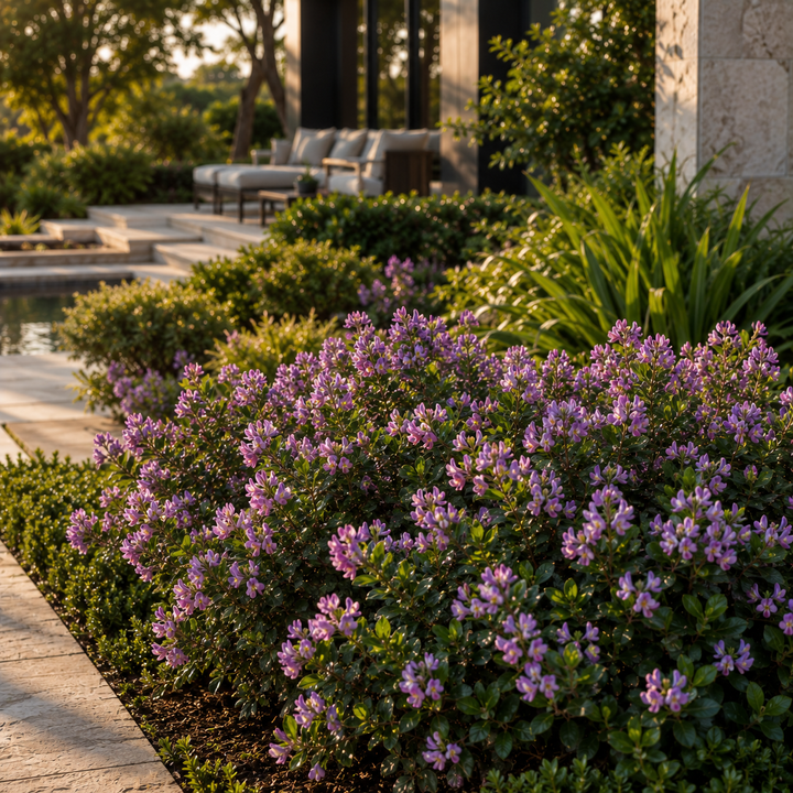 Dwarf Sweet Pea Shrub - Polygala myrtifolia 'Little Bibi' in an Australian garden setting