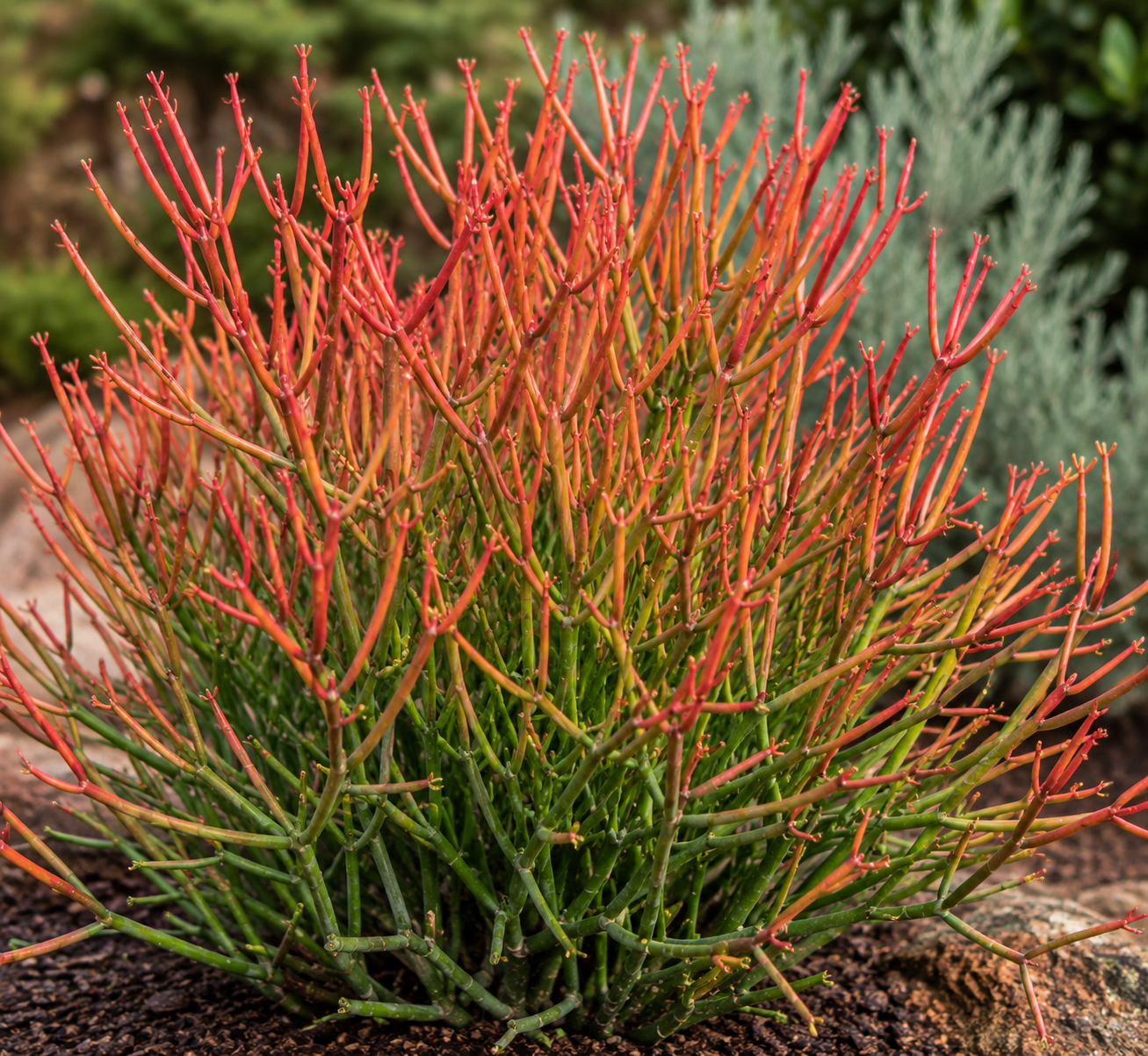 Firesticks Euphorbia - Euphorbia tirucalli 'Firesticks' in an Australian garden setting