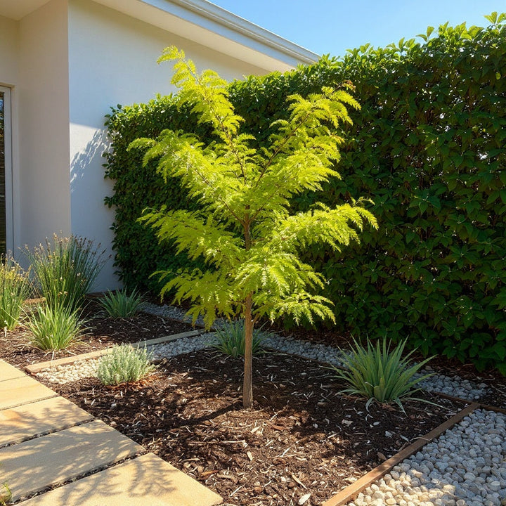 Golden Honey Locust plant showing vivid golden foliage