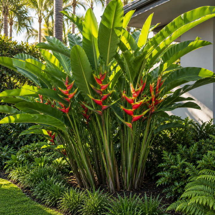 Hot Rio Nights Heliconia - Heliconia bihai x caribaea 'Hot Rio Nights' in an Australian garden setting