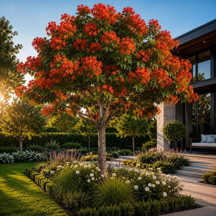 Illawarra Flame Tree - Brachychiton acerifolius in an Australian garden setting