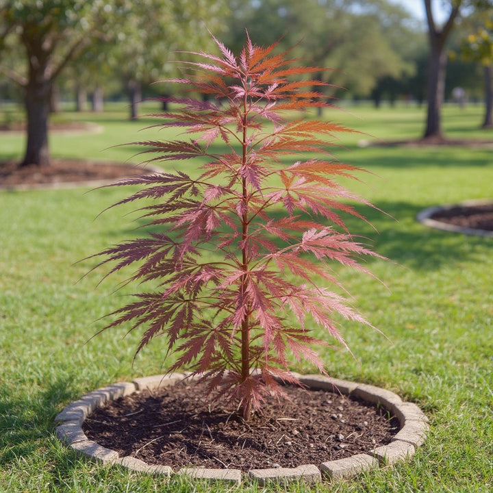 Inaba Shidare Japanese Maple Tree showing with its rich burgundy leaves and graceful weeping