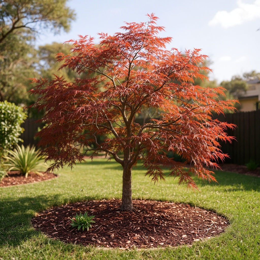 Japanese Maple Tree showing showy foliage in spring, summer, and autumn, with a sculptural winter silhouette