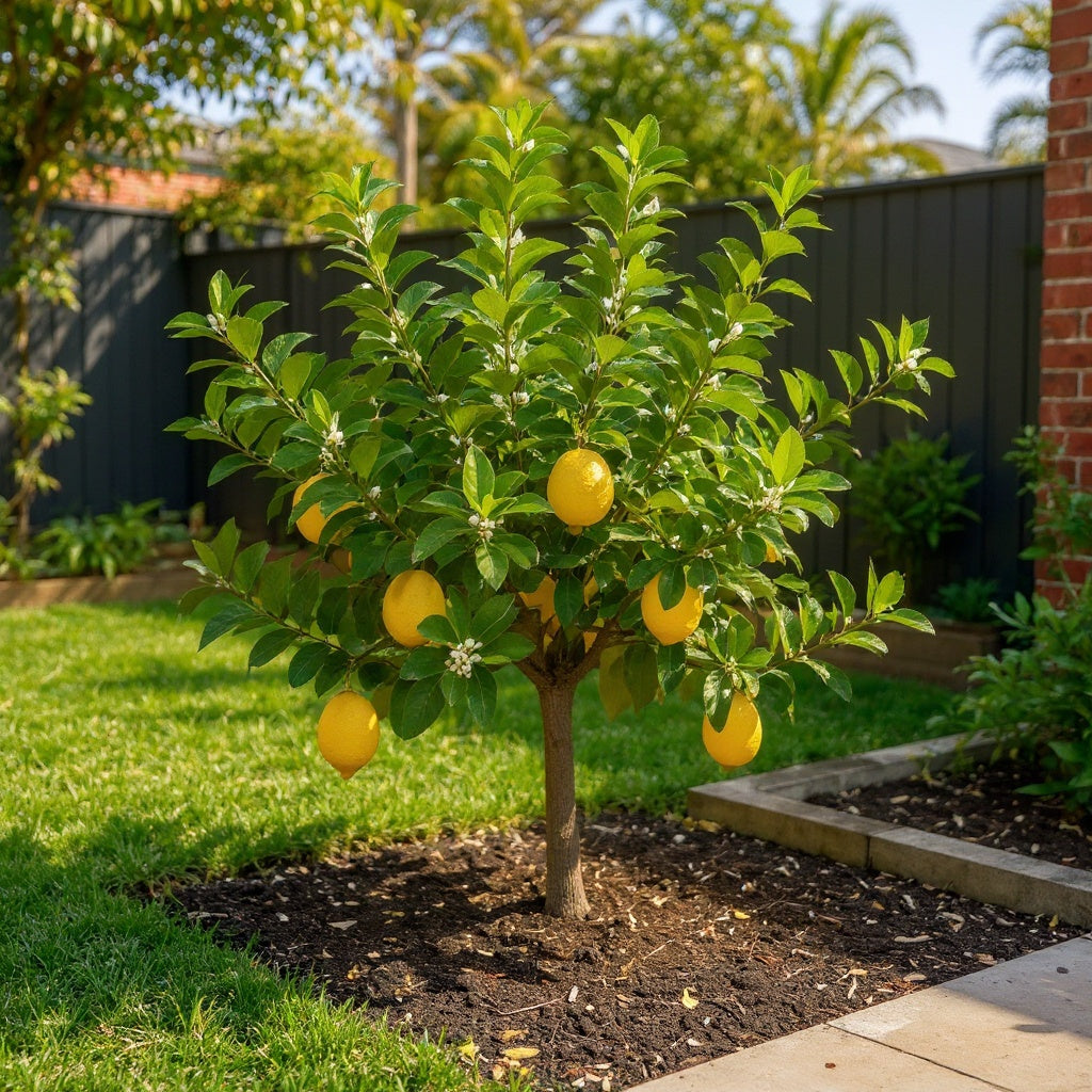 Lemonicious Lemon Tree showing fragrant flowers and evergreen foliage
