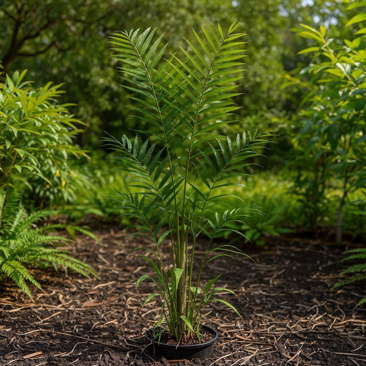 Macarthur Palm showing tall, clumping growth with soft, feathery fronds