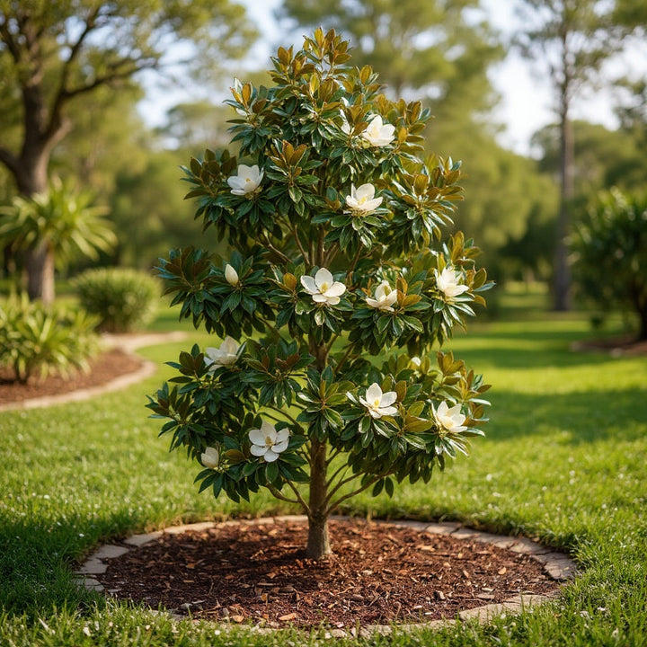Magnolia grandiflora ‘Super Gem’ plant showing large fragrant flowers