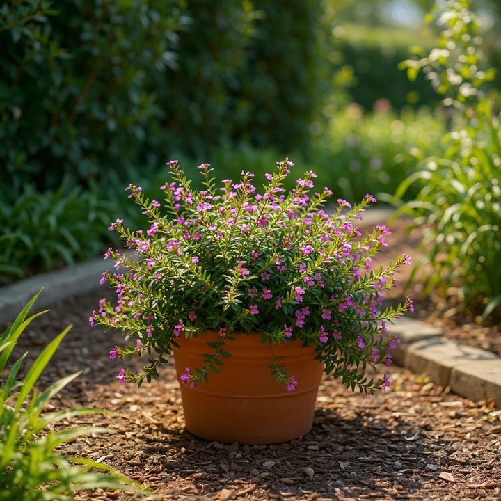Mauve False Heather plant showing fine, soft foliage