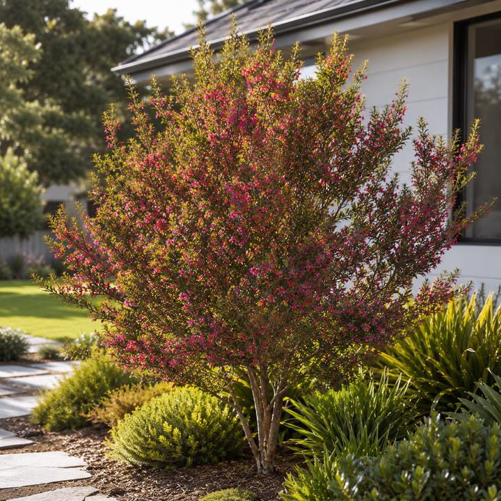 Nanum Rubrum Tea Tree - Leptospermum scoparium 'Nanum Rubrum' in an Australian garden setting