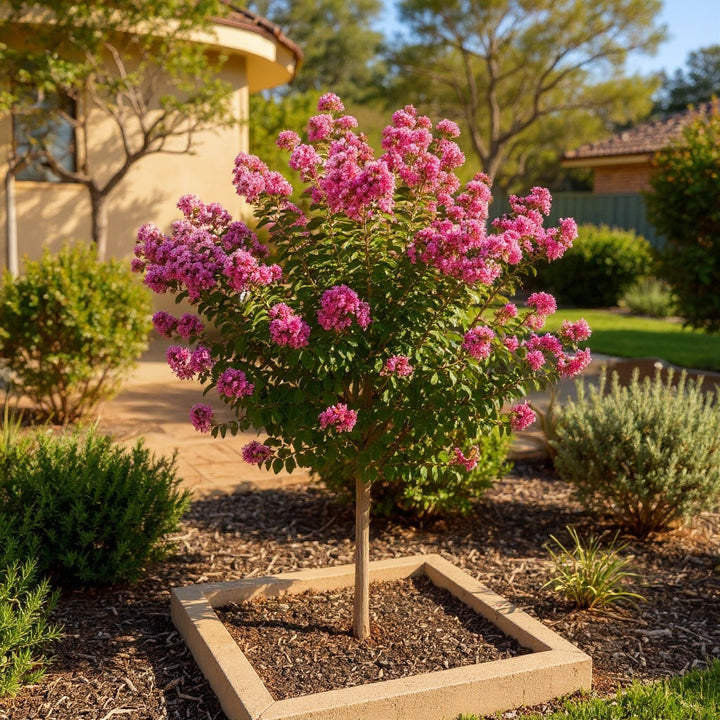 Pink Crepe Myrtle plant showing show-stopping pink flowers