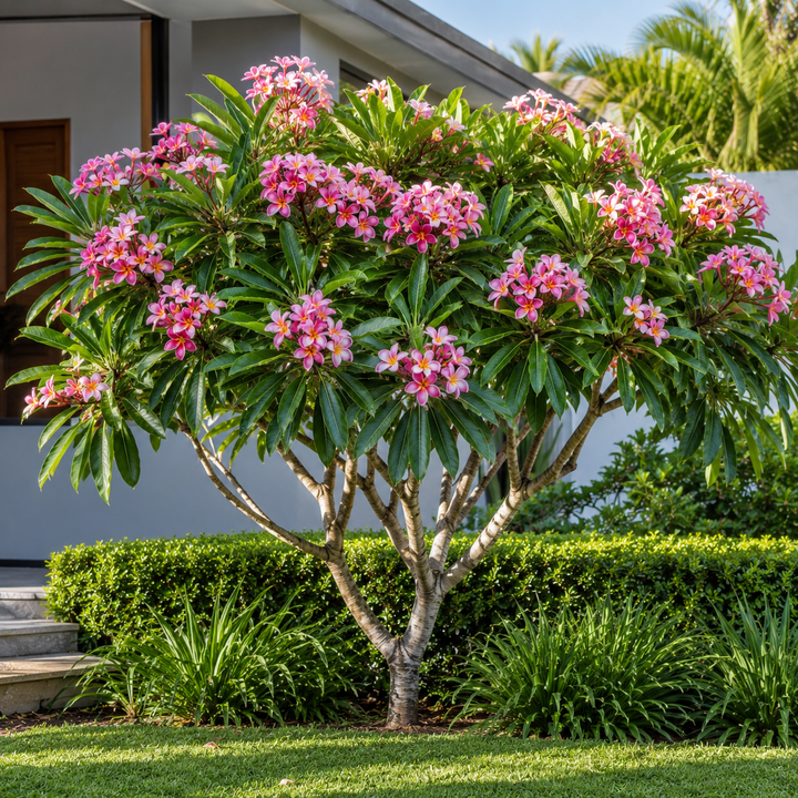 Pink Frangipani - Plumeria rubra in an Australian garden setting