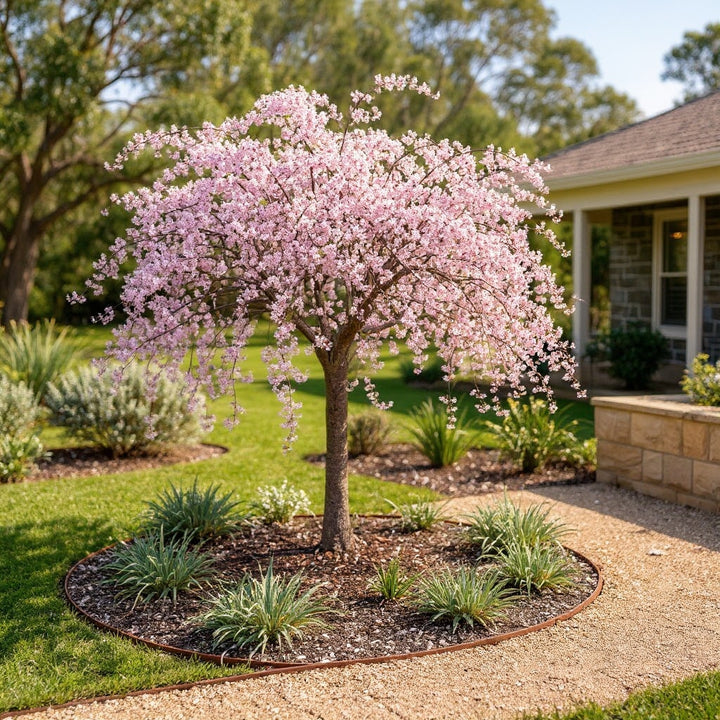 Pink Snow Showers Cherry plant showing fresh green foliage in summer with an open winter