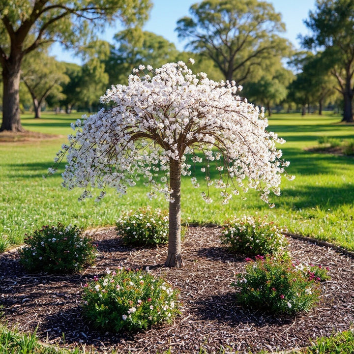 Prunus ‘Snow Fountain’ plant showing showy spring flowers