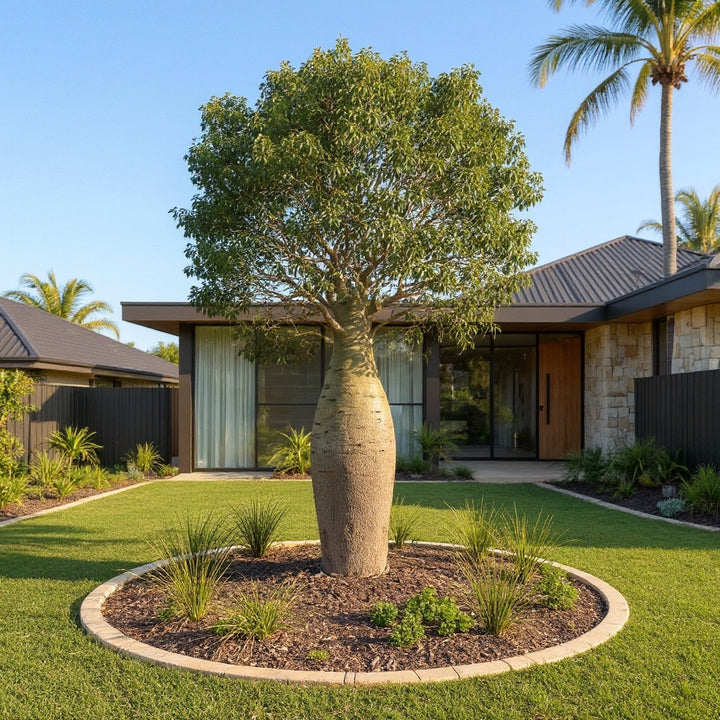 Queensland Bottle Tree showing distinctive bottle-shaped trunk