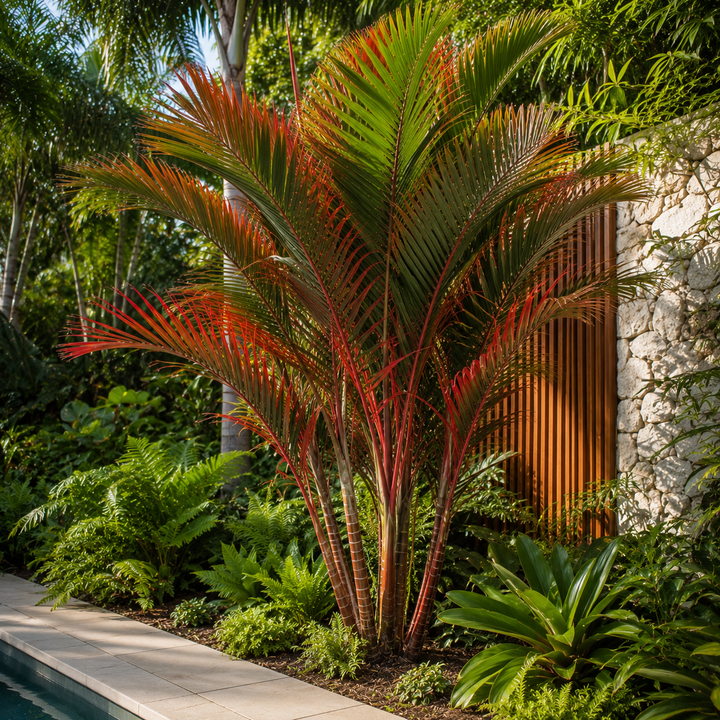 Red Areca Palm - Areca vestiaria 'Red Form' in an Australian garden setting