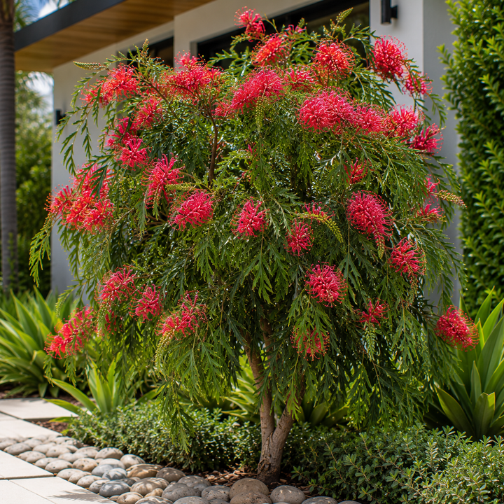Red Silky Oak - Grevillea banksii in an Australian garden setting