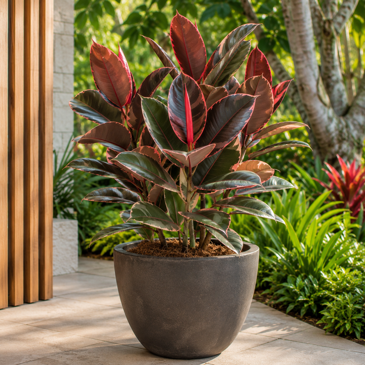 Ruby Rubber Plant - Ficus elastica 'Ruby' in an Australian garden setting