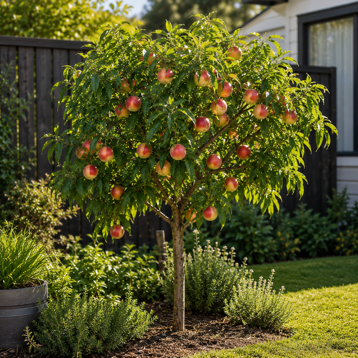 Sun Snow Nectarine Tree - Prunus persica var. nucipersica "sun snow" in an Australian garden setting