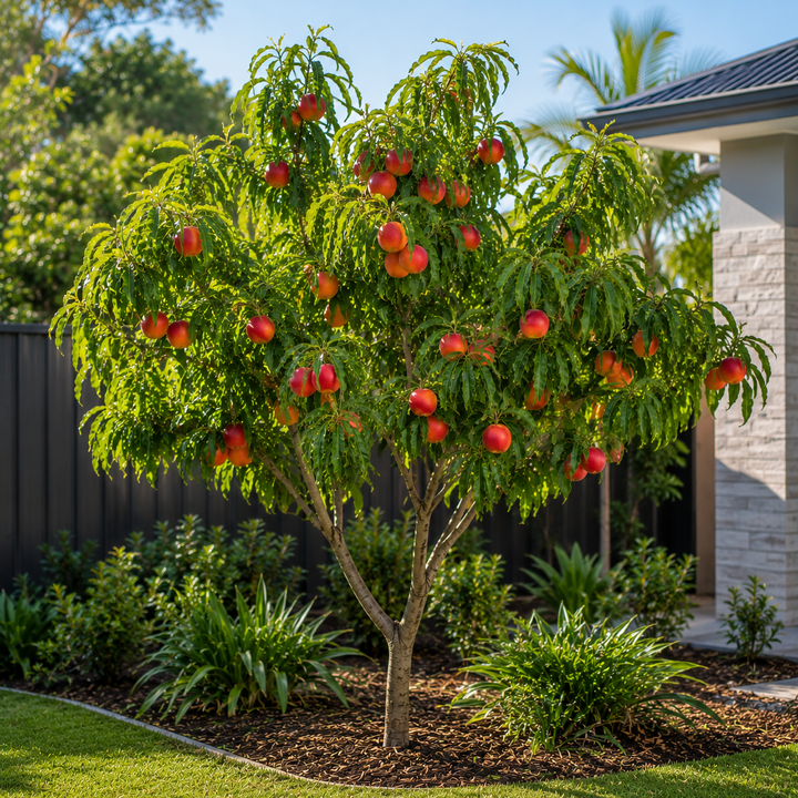 Sunbob Nectarine Tree - Prunus persica var. nucipersica 'Sunbob' in an Australian garden setting