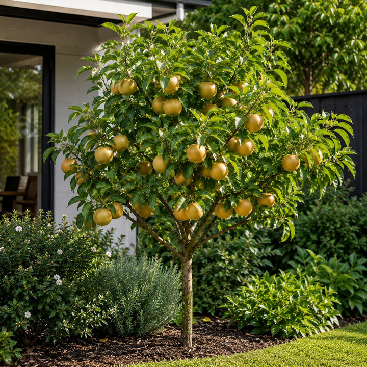 Sunshine Nashi Pear Tree - Pyrus pyrifolia 'Sunshu Sunshine' in an Australian garden setting