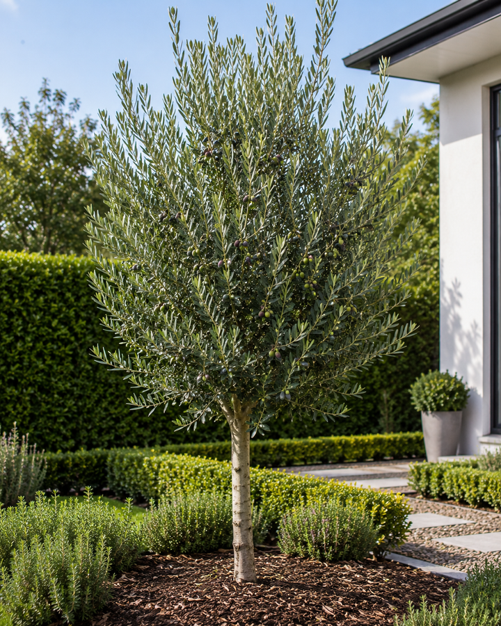Tolleys Upright Olive Tree - Olea europaea 'Tolleys Upright' in an Australian garden setting