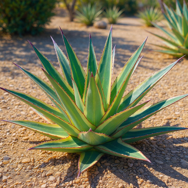 Variegated Agave plant showing yellow flowers