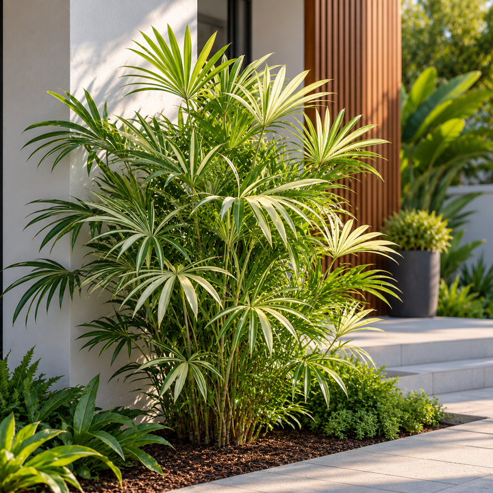 Variegated Lady Palm - Rhapis excelsa 'Variegated' in an Australian garden setting