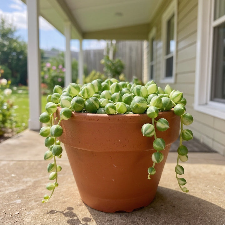 Variegated String of Pearls – Senecio rowleyanus ‘Variegata’ plant showing cream and green variegated pearls