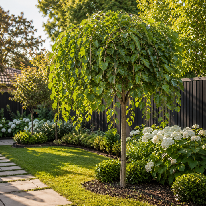 Weeping Mulberry Standards - Morus alba 'Pendula' in an Australian garden setting
