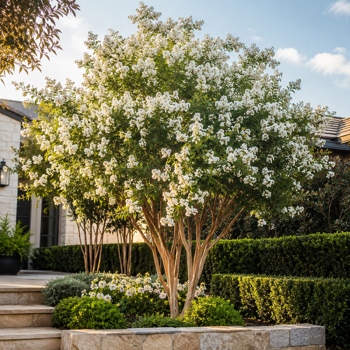 White Crepe Myrtle - Lagerstroemia 'Natchez' in an Australian garden setting