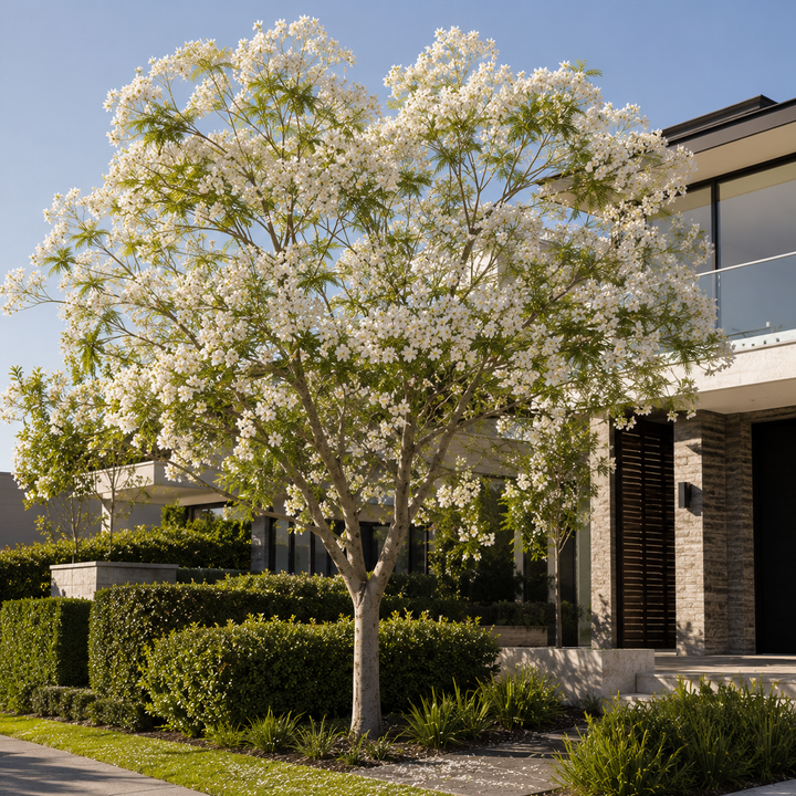 White Jacaranda Tree - Jacaranda mimosifolia 'Alba' in an Australian garden setting