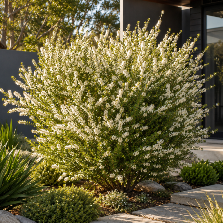 White Lace Melaleuca - Melaleuca thymifolia 'White Lace' in an Australian garden setting